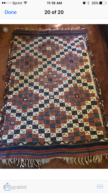 Antique Verne (Turkish)
This beautiful rug was made about 1900
It has minor repair
$3200.                     