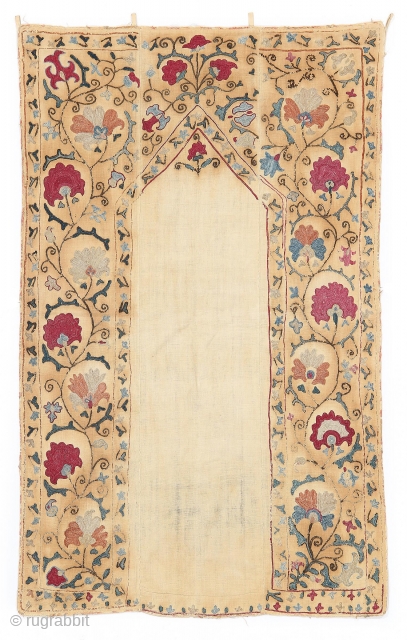 Silk embroidered Uzbek suzani prayer panel.  C. 1900. 129 x 79 cm                    