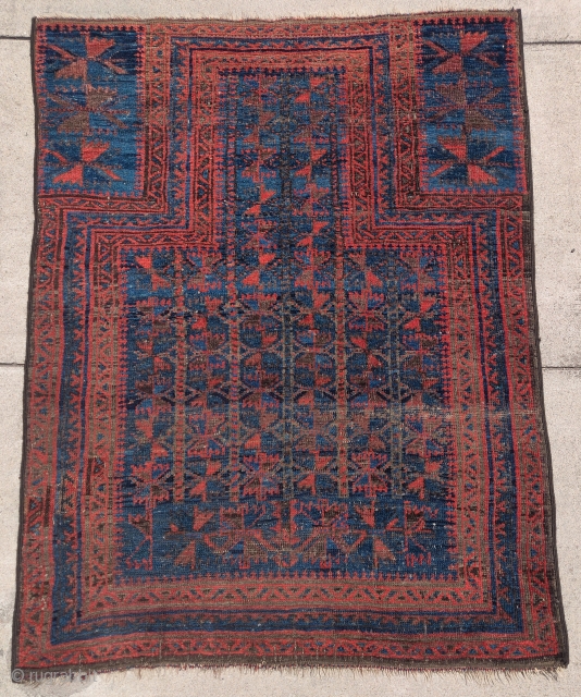 Baluch prayer rug with true polychromatic blue, small format. They started at the bottom with a single tree design and then changed to many trees in the field. selvedge is not original  ...