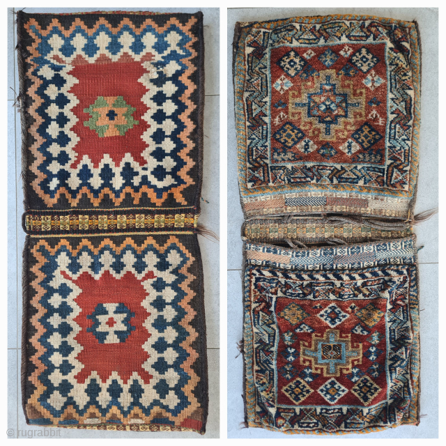 Rare Gabbeh saddlebag of the Ghashghai nomads with a beautiful kilim back (pattern like sofreh kilims). The front also has a rare pattern. Overall in good condition, full pile. Dimensions: ~ 95x45cm


Worldwide  ...