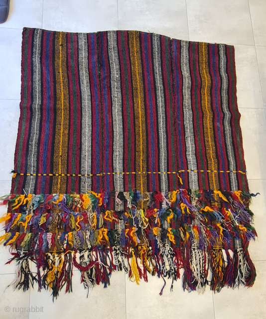 Beautiful nomadic horse blanket from southeast anatolia (probably Reyhanli or Rashwan tribe) with interesting metal threads, mohair braids and fabric decorations. Woven in three panels using the Cicim technique. Nice tribal piece.  ...