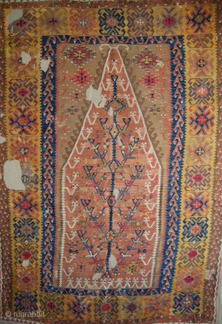 Turkish Yahyali Prayer Kilim. Tree of life motive in the central field. Fragmented, sewn on linen support. Size of support (linen): 135x195cm, fragment size: about 125x185cm. About 60-80 years old.   