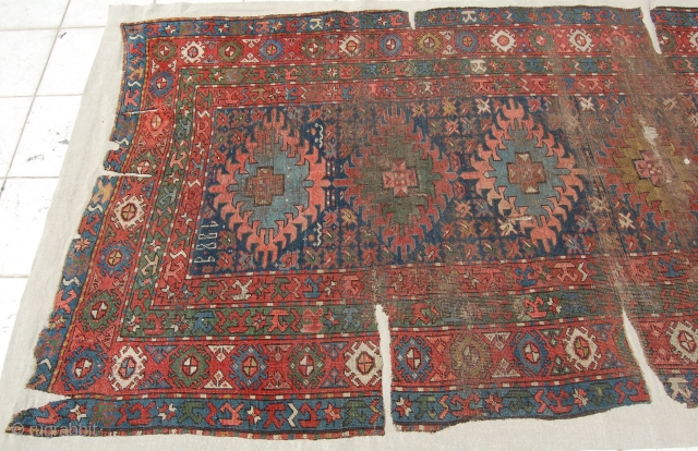 Caucasian Alpan-Kuba long rug. Mounted. Size of support (linen): 288x144cm, fragment size: about 278x134cm. Dated: 1889.                 