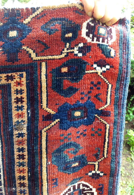 Typical garden design Ferdows Baluch. Fairly standard field on ivory ground, good boteh border. Colours see detail shot. Worn thin, ends slightly reduced, several small holes. Inexpensive. RR messaging or Frank-Martin-Diehr@skymail.de Shipping  ...