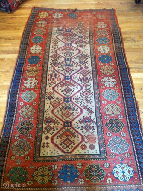 ELEGANT CAUCASIAN RUG
1880'S IF NOT EARLIER
AUBERGINE,GREEN,YELLOW AND ALL OTHER THE BEST COLORS
VERY NICE DESIGN
NEEDS SOME REPILING
ENDS AND SIDES ARE ALMOST PERFECT            