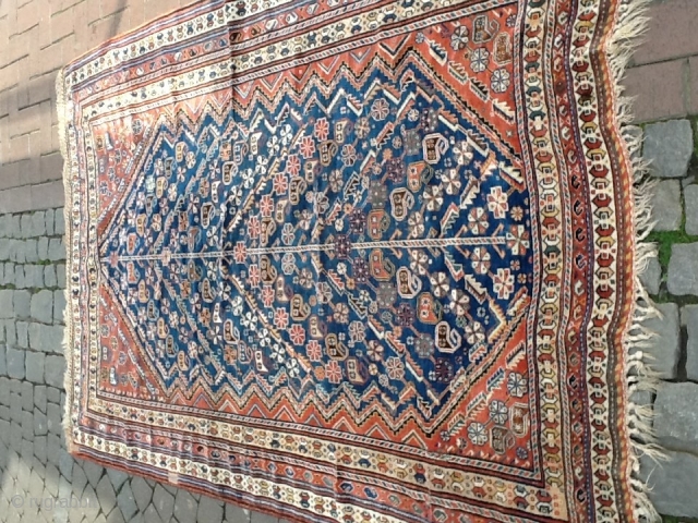 Persian Qusqaai rug
Size : 5 by 7'6
Ends and sides are original
Two little old repairs 
Magnificent colors as seen
1880's or earlier             