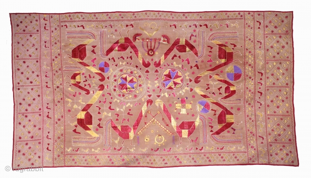 Sainchi Phulkari From East(Punjab) India.Circa 1900.Hand Spun Cotton khaddar Cloth.Sainchi are elaborate pictorial embroideries created by women in Haryana that mirror their life and beliefs,their hopes and desires.Scenes of rural life enrich  ...