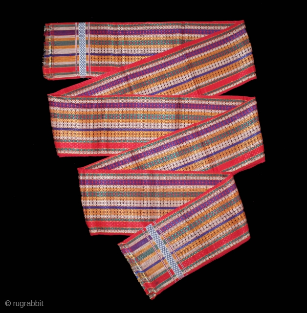 Lungi Silk Brocade Used as Turbans and Shoulder Cloth Maldhari Cattle-Herders worn in Kutch, Sindh and Rajasthan India.C.1930. Woven in Thatta region of Sindh, Pakistan.Its size is W-50cm x L-454cm.(DSL04350).   