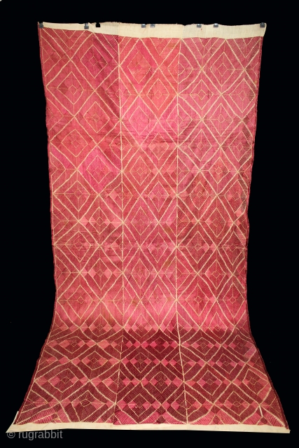 Thirma Phulkari From West(Pakistan)Punjab India Called As Thirma Bagh.C.1900.Floss Silk on Hand Spun Cotton khaddar Cloth.Its size is 126cm X 264cm.(DSC05510).            