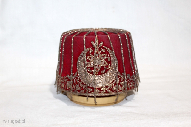 Nawabi Topi (Hat) Zardozi Embroidered on Velvet, With Real Silver Thread with Gold Polish, From Lucknow, Uttar Pradesh, India.C.1900.(DSC05550).              