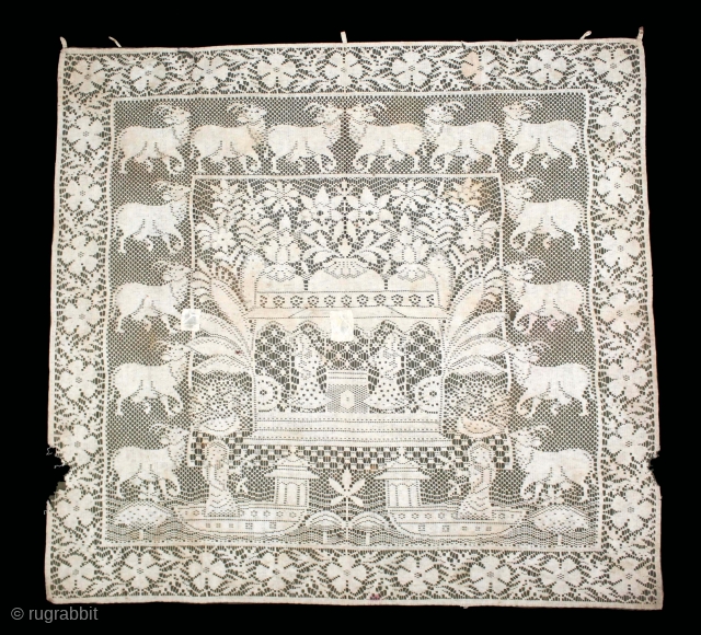 Pichwai of Cotton Lace Net,of Nauka Vihar Subject Nathdwara. The lace Pichhwai was made in Germany for the Indian Market.C.1900.Its size is 90cm x 90cm.(DSC05570).        