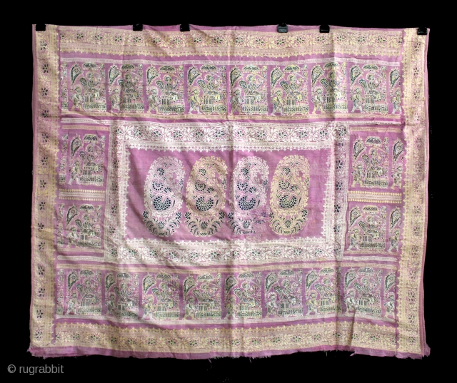 Rare Pallav of a Baluchar Sari woven in silk Brocade From Murshidabad,West Bengal,India.Circa 1900.Here the pallu of the sari is decorated with large paisleys set within a border of human figures, only  ...