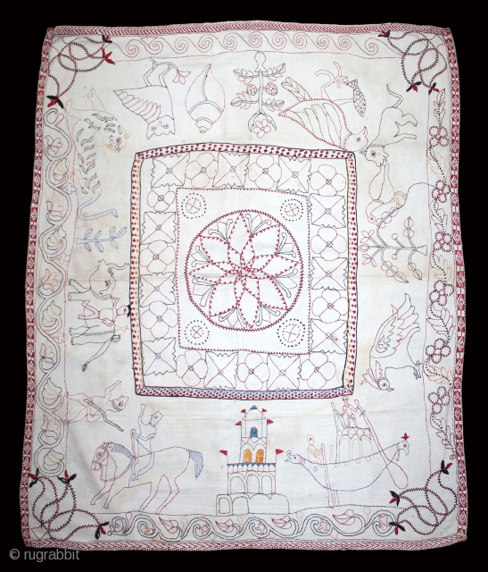 Kantha Quilted Embroidery with cotton thread Kantha Probably Jessore District,East Bengal(Bangladesh)region.India.C.1900.Its size is 85cm x 104cm.(DSL03850).                 