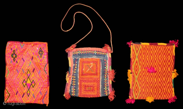 Three Ceremonial Banjara Bags, From Madhya Pradesh, India.C.1900.Silk & Cotton  Embroidered Brick Stitch.(DSL02530).                   