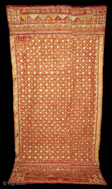 Phulkari From East(Punjab) India Called As Phulkari. Rare Surya (Sun)Design,placed as a konia at the corner of the pallu. Extremely Fine Phulkari.Its size is W-117cm X L-234cm.(DSL02680).      