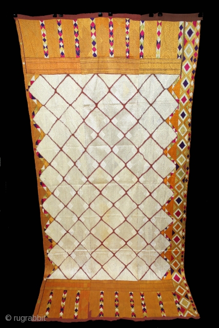 Phulkari From West(Pakistan)Punjab India Called As Chand(Moon) Bagh.C.1900. Rare Pallu with Panch Rangi Side Borders. Floss Silk on Hand Spun Cotton khaddar Cloth. Its size is W-120cm x L-246cm.(DSLE04160).    