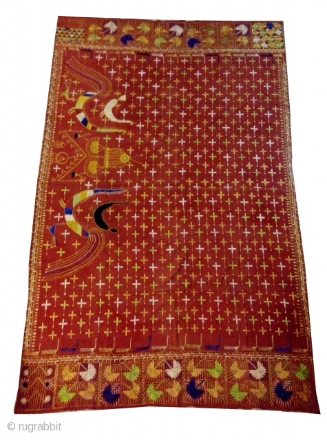 Phulkari from East Punjab,India Known As star Buti with Very Rare Design. condition is good but there is small stain in it           