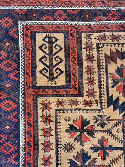 Antique Belouch prayer rug, in good condition, some black wool corrosion.
60in by 33in                    