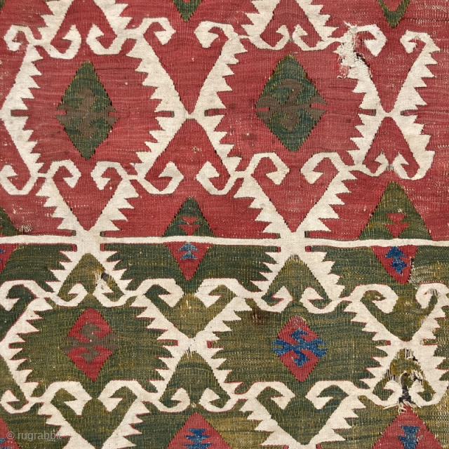 Early 19th century central Anatolian kelim half, in two matching pieces.
One 140cm by 80cm, the other 124cm by 80cm
Distressed condition, but still beautiful.

Contact gene@heritage-antique-rugs.com for more pics
      