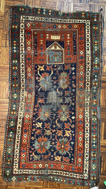 2’8 x 5’2 Talish Caucasian Prayer Rug, Dated 1837, Calyx Leaf Design                     