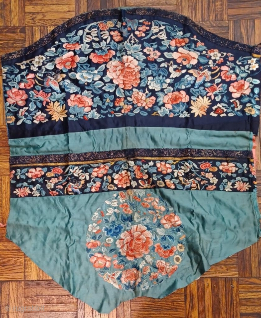 2’5 x 2’11 Chinese Embroidered Panel, Circa 1800, Blossoms and Butterflies embroidered on navy blue and mint green
silk.               