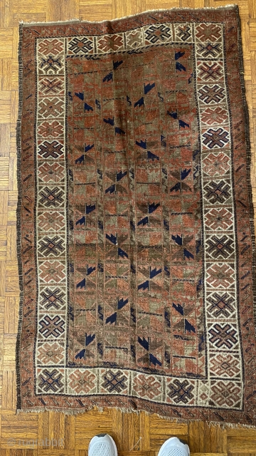 Afghan Balauch rug, ca. 1880;  3’4” x 6’6” / 102 x 198 cm.;

Field of “boxed cabbage” leaves and a running dog border variant as 

trunks and branches. Main border cross-hatch totems  ...