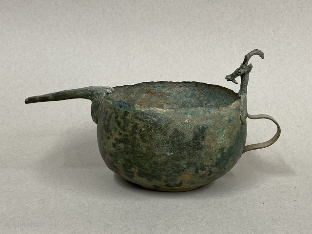 Antique Luristan Bronze Ewer, ca. 1200-800 BCE,

Diameter: 6 1/8” // 15.6 cm

Height: 4” // 10.1 cm

Diam. Opening: 5 1/2” // 14 cm

Diam. Base:  3 1/8” // 7.7 cm

~ 3000 year old  ...