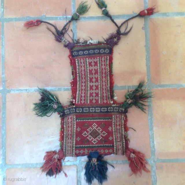 Nushki belouch saltbag c 1900 vfine weave, great green accent , some tassels not orig.                  