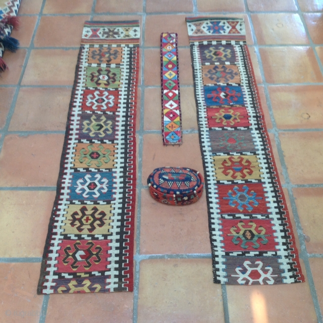 Turkish kilim pair border frag -19th c , one has great colors incl a archaic soft purple, the other not so great but still good. $1200 for pair 
 uzbek- belt? petitpoint-  ...