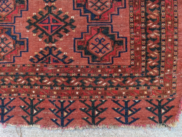 Monster size antique Ersari chuval. 5ft7in x 3ft7in. It has great dark green, blue, yellow, and two shades of red. Low pile all over, no holes, and original goat hair braided loops  ...
