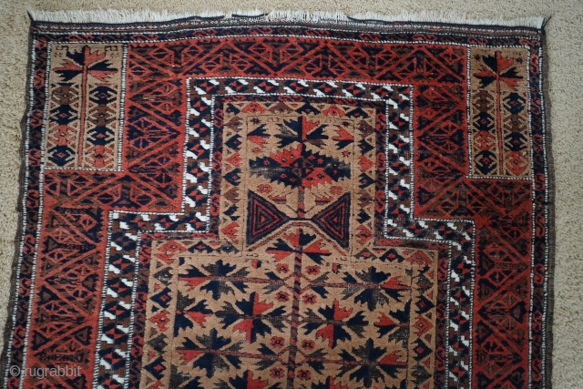 Antique Kawdani Baluch Camel wool prayer rug. Original sides and full pile except corroded dark brown/black which is typical for these. Very soft wool and amazing colors, look at that madder red!  ...