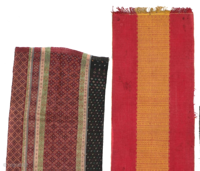 3 Old Chin Textiles, Western Burma, silk and cotton. Sizes: 1)  65'' x 14'' (165 x 36 cm); 2) 15'' x 31'' (38 x 79 cm); 3) 48'' x 16'' (122  ...