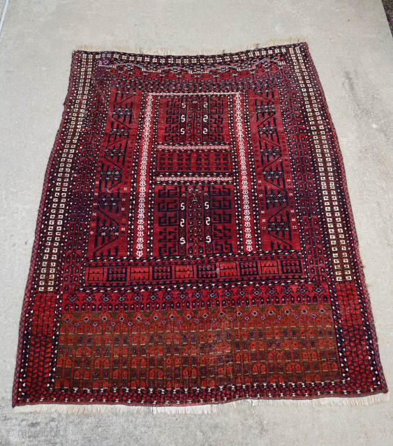 Antique Sariq ensi. Good overall pile with one repair on the upper left and a few small moth bites in one area. Recently washed and ready to be enjoyed! 6'2" x 5'1"  ...