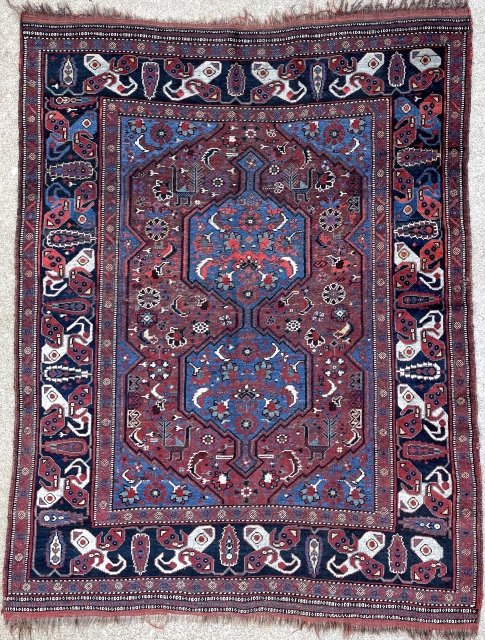 Late 19th century Khamseh rug. Triple boteh border with 4 large peacocks. Great colors. 4'9" x 6'4"                