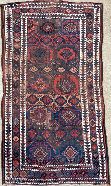 Antique Jaff or Sanjabi Kurd main rug. Wonderful tribal piece, natural dyes. 4'3" x 7'4". No holes.                
