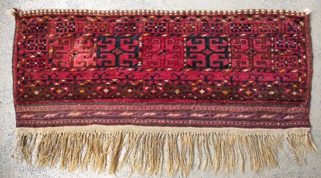 Late 19th - 1900 Ersari Germech. Really nice complete piece. One small hole repair. 1'4" x 3'3" or 40 x 100cm. Natural dyes.          