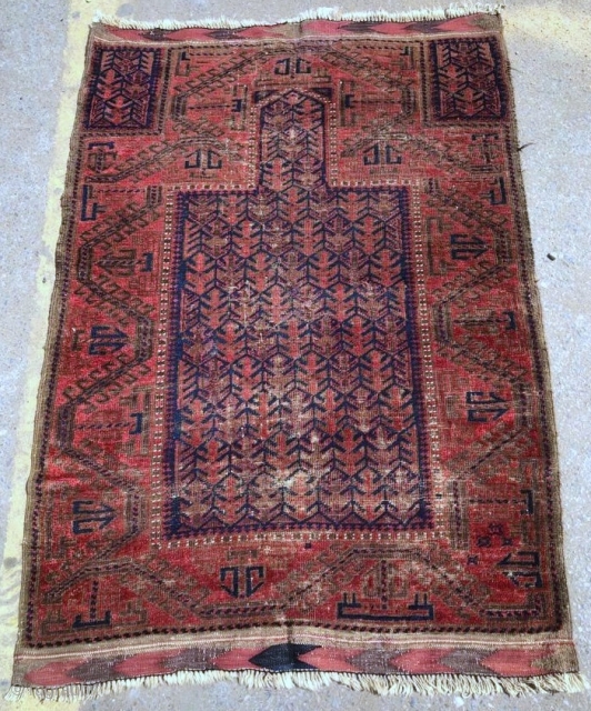 Antique Baluch prayer rug. Unique design, great color, beautiful kilim ends, and finely knotted. No holes.                 