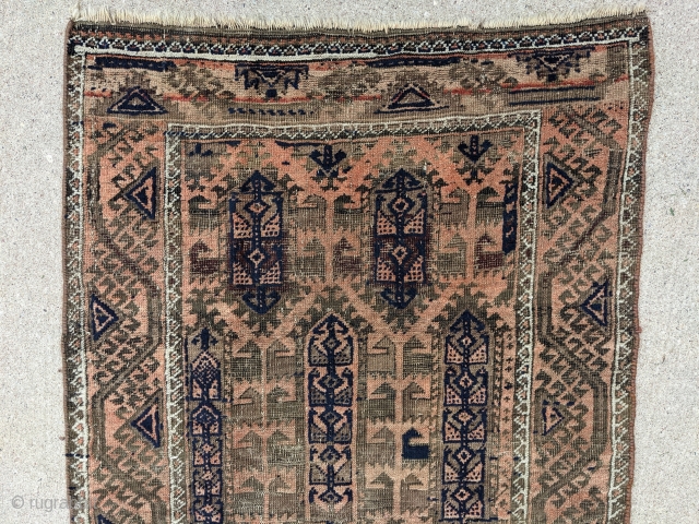 Antique Yaqub Khani Baluch. Interesting, nice and mellow color palette. 2'8" x 4'8" or 82 x 142cm. Typical oxidized browns. No holes.

Cheers.           