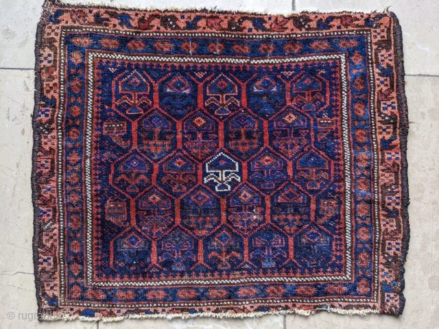 Antique Timuri Baluch bag face with silk highlights. Great colors and full pile, ends secured. 1'8" x 2'1"               