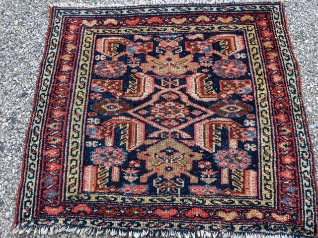 Antique Kurdish (?) Hamadan bag face. Interesting and beautiful bag face with great colors. 2'0" x 2'1" By design it appears Kurdish but has a structure similar to a Hamadan.

Cheers.   