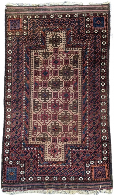 Double mihrab Baluch rug. Original selvedge, no repairs, camel wool, good pile except oxidized areas. 2'8" x 4'5" or 80x135cm.             