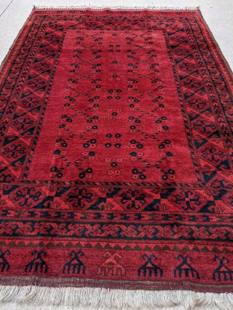 Perfect Northern Afghan Ersari Turkmen rug from the 1930-40s. 3'10" x 5'11". Full pile with fluffy shiny wool as would be expected with these. Natural dyes, goat hair selvedge, recently washed and  ...