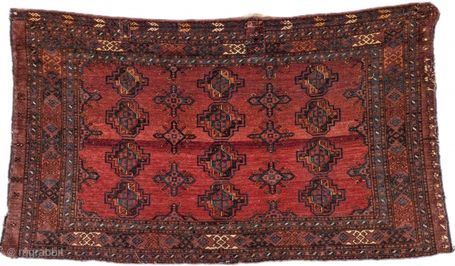 19th century Ali Eli Lebab Turkmen chuval from the Middle Amu Darya region. Beautiful colors on this one. Three patches on the top portion. Love the small motifs on the left side  ...