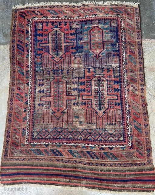 Antique Baluch rug. The more you look at the field the more you see, beautiful unique tribal weaving. No holes. 3'8" x 5'0" or 110x150cm.        