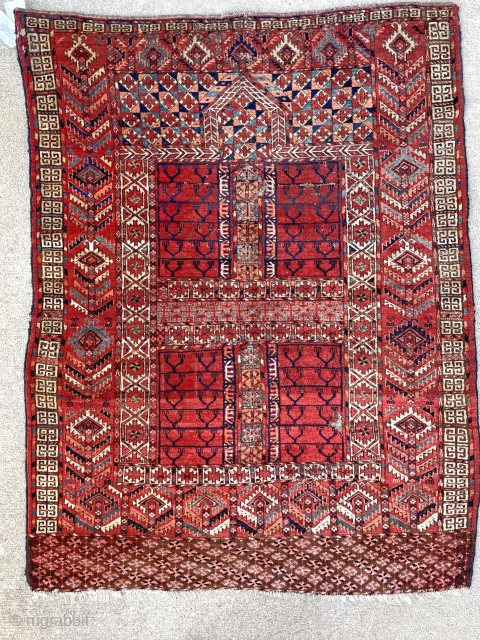 19th century Tekke ensi with many great features. 2 holes but overall good condition and pile. 3'10" x 5'2"              