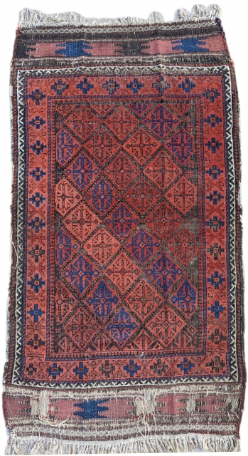 19th century Baluch rug. Original ends and sides. Field is in good condition with oxidation. Good pile. 2'10" x 5'1" or 155 x 87cm         