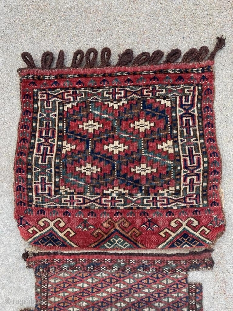 19th century complete Yomut kap bag. Wonderful colors and original kilim backs. Rare to have the complete piece. 1'6" x 5'10" with both sides unfolded.        