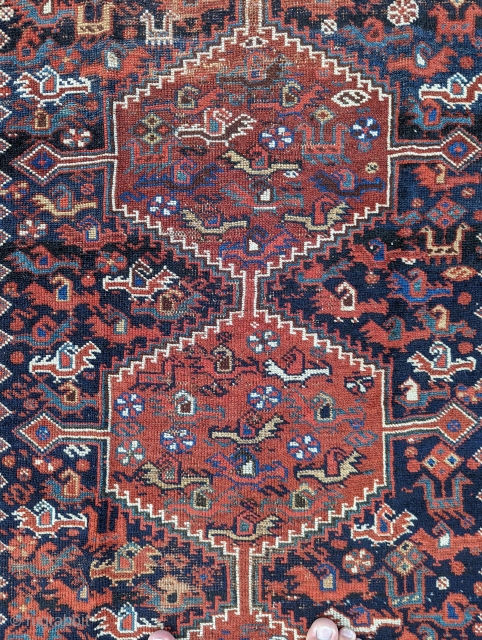 Antique Khamseh or Shiraz bird rug. 3'9" x 5'5". Charming piece.                      