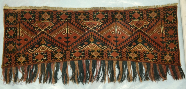 Ersari Torba / Trapping

Antique Ersari torba or trapping, late 19th century. The field contains the "Abrov" pattern, a design in the ikat style influenced by Beshiri type weavings. Wool on wool foundation,  ...