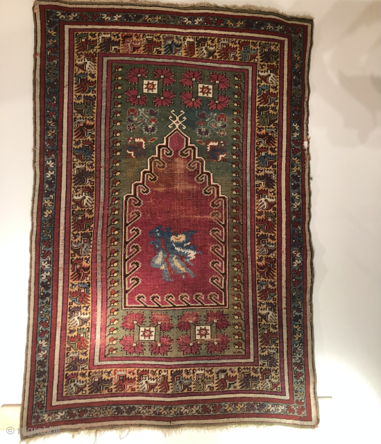 Wonderful 1870 Konya 
122x178cm
4.1x6.6ft
Small side damage Great complete headends and original selvedges 
Fabulous natural colors some low pile
No stains, no repairs wonderful fine wool         